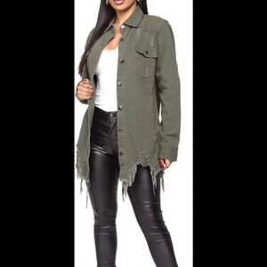 American Bazi Women's Distressed Denim Olive Ripped Outerwear Denim Jacket Med